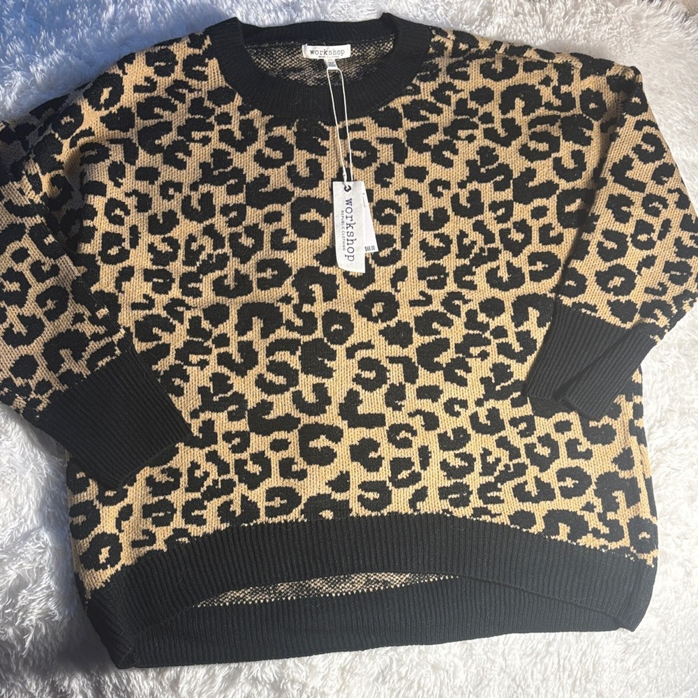 Workshop Republic Clothing Leopard Print Crewneck Sweater - Black & Tan